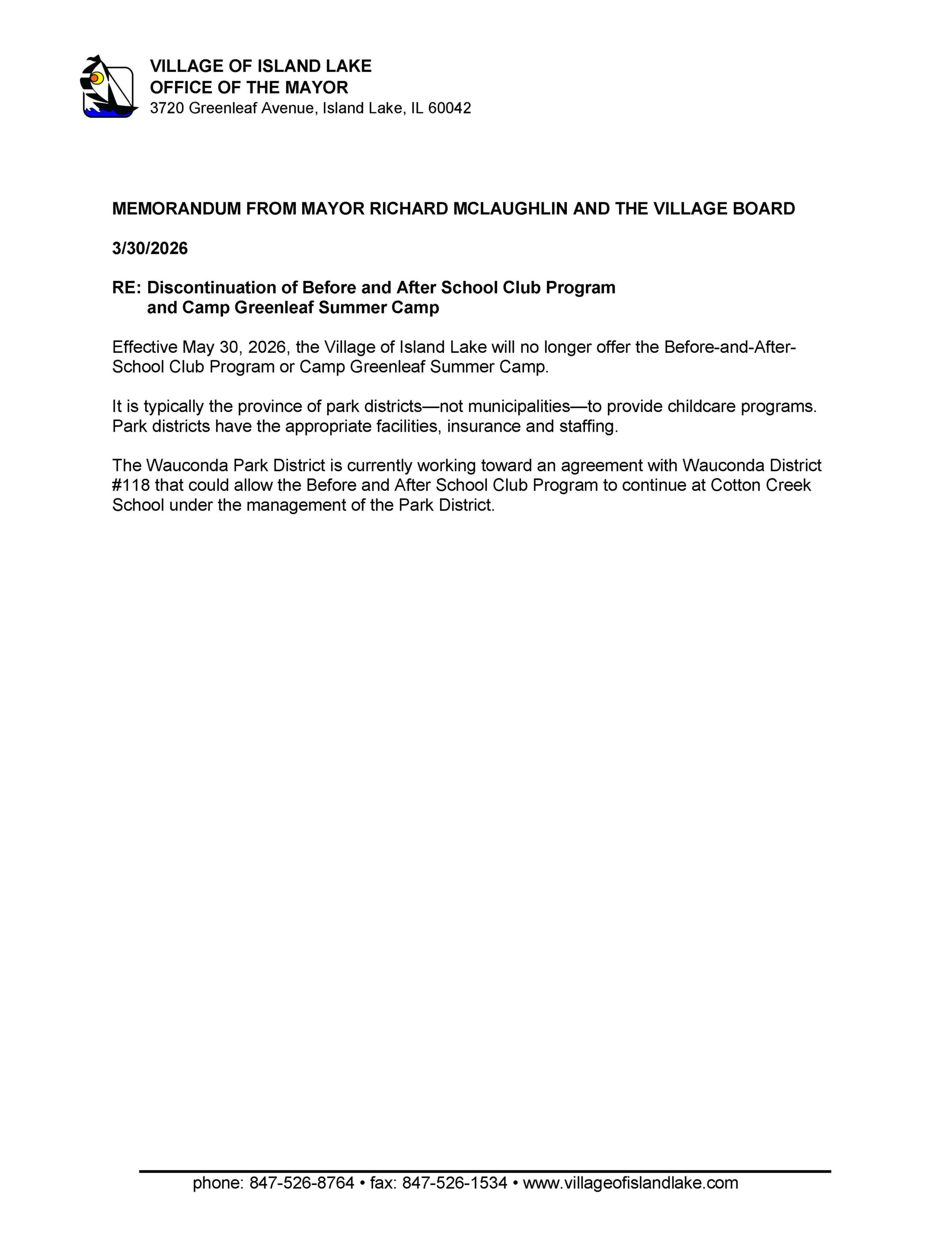 Camp and Club Discontinuation Letter