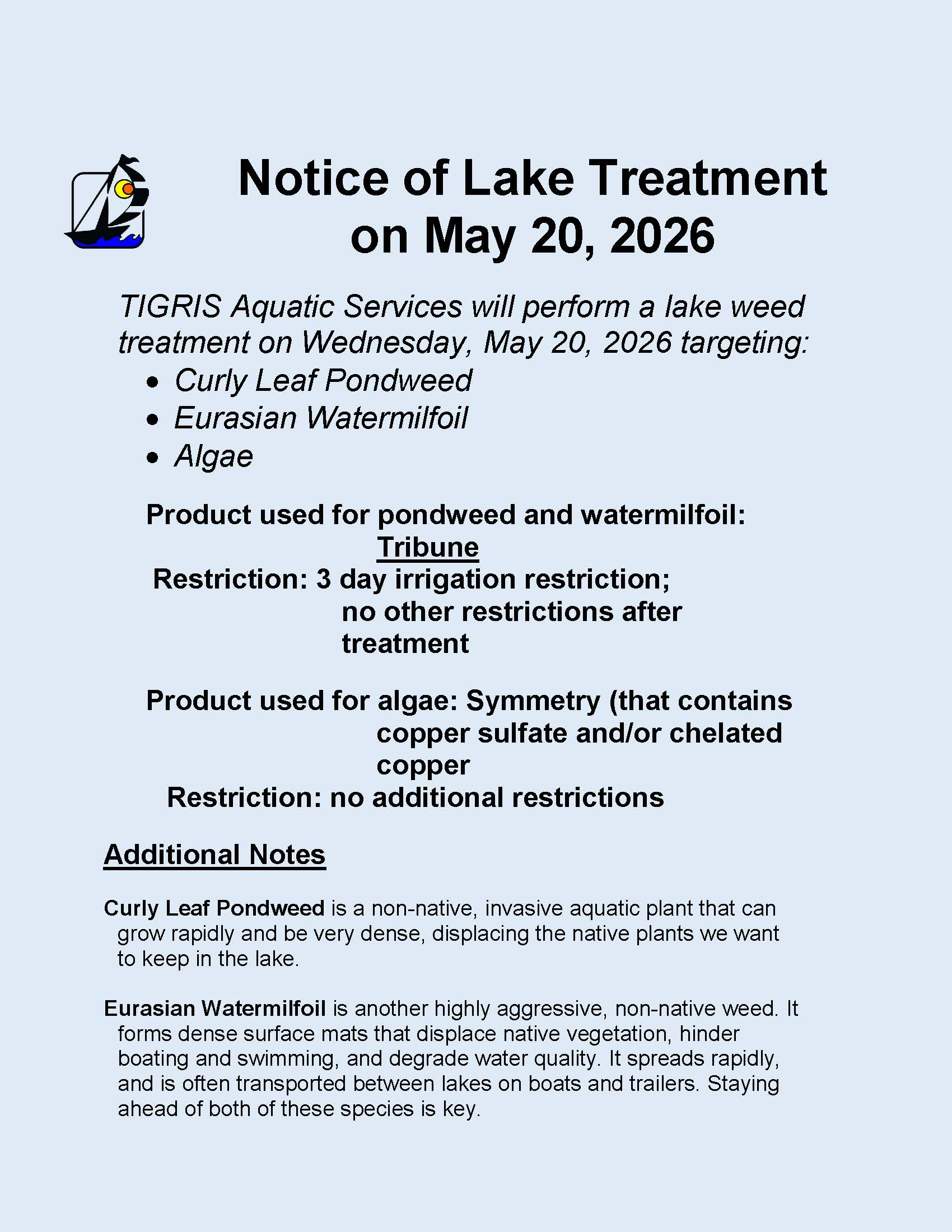Notice of Lake Treatment 5-20-2026