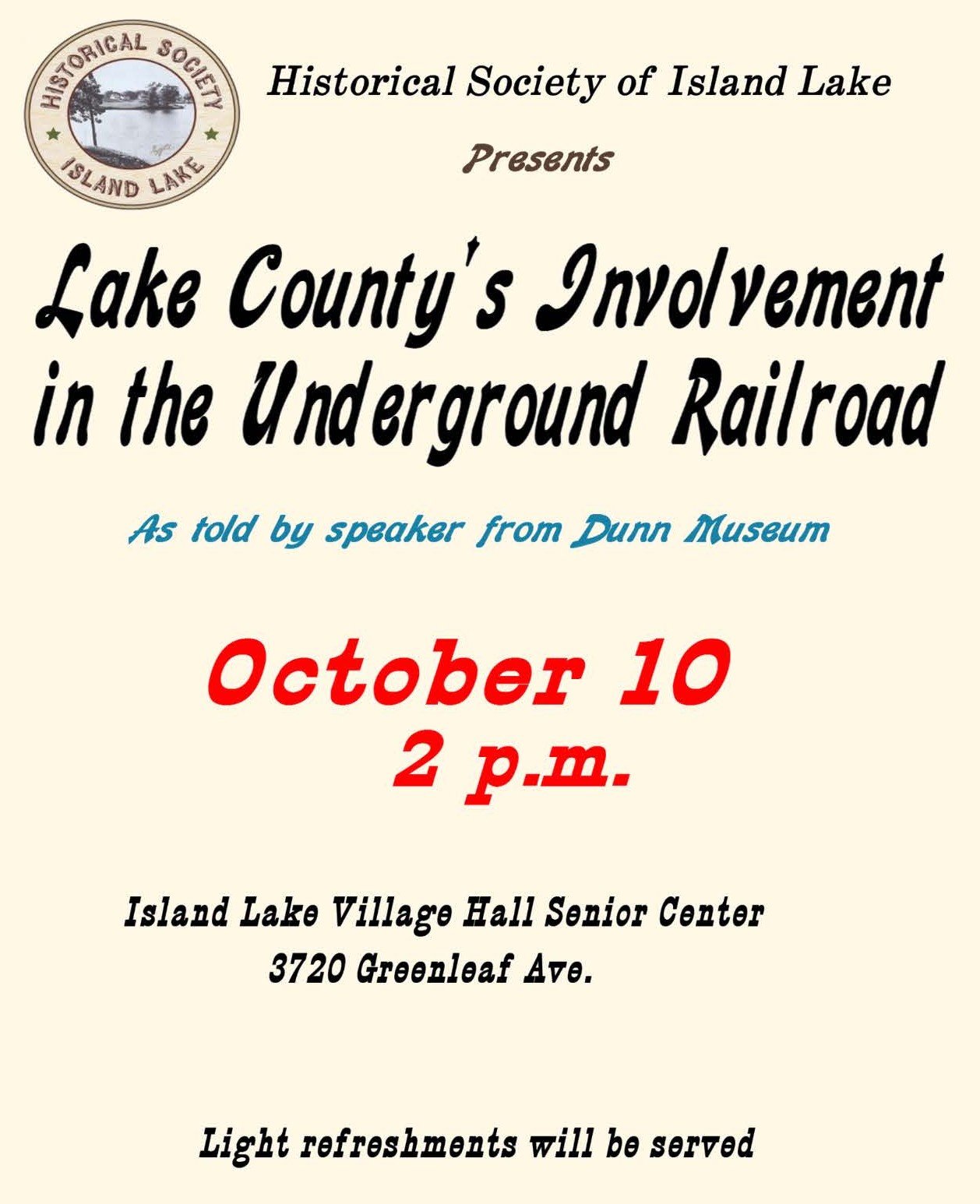 Historical Society 10-10-2026 Program. Historical Society 10-10-2026 Program.